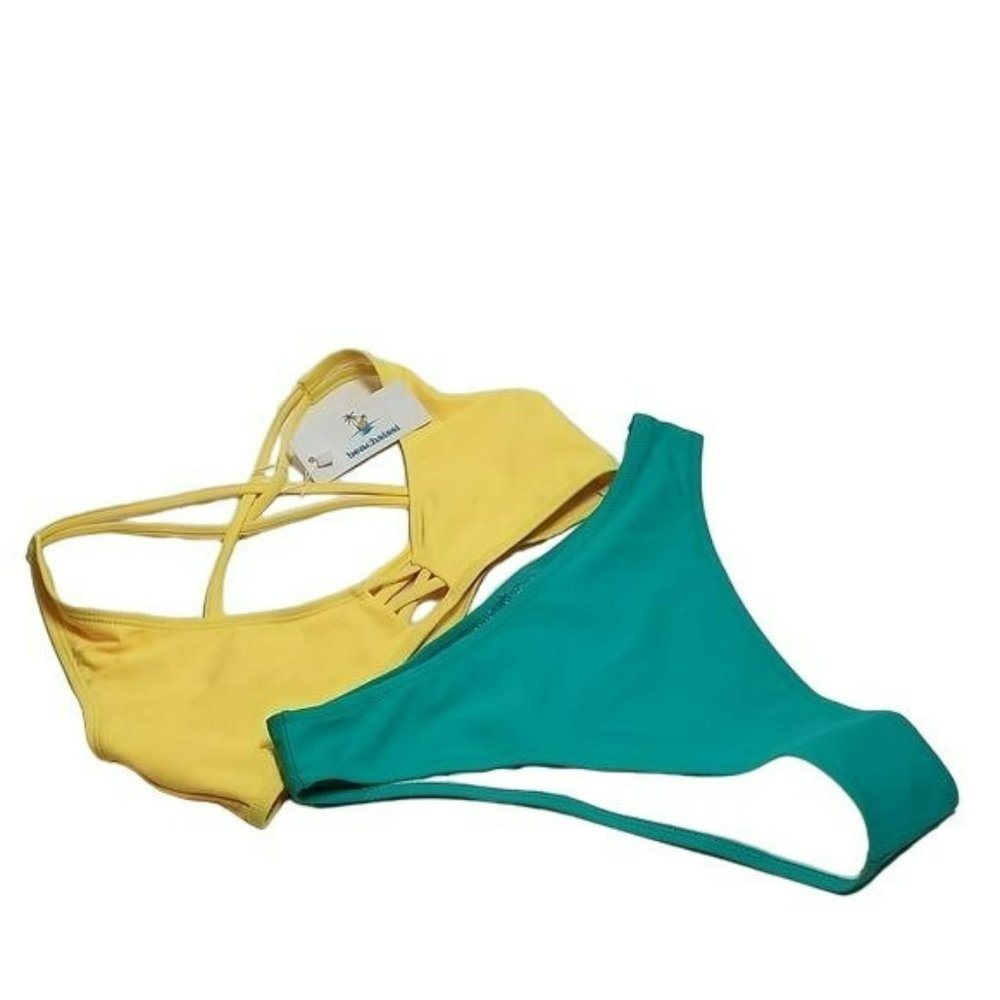Beachsissi Bikini Cross Front Thong Bottom Yellow Green Women's Small S NWT - Picture 1 of 16